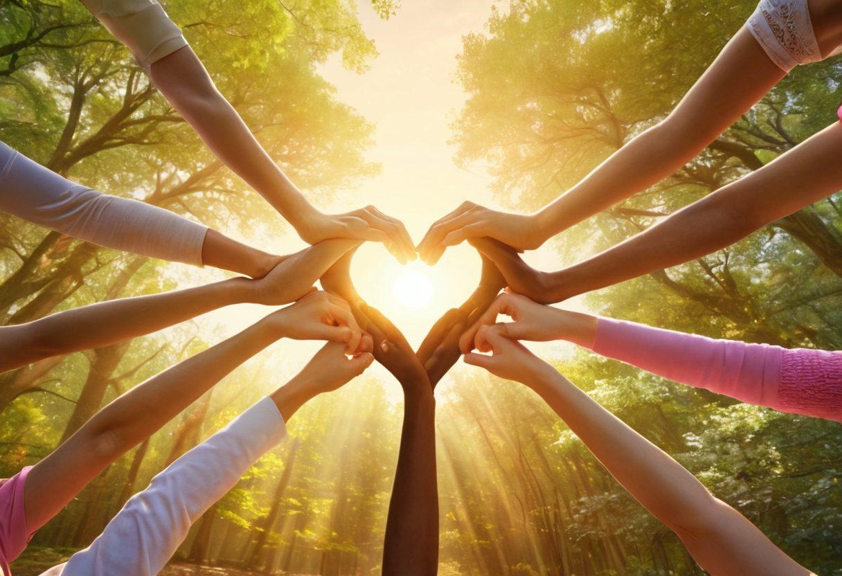A diverse group of individuals from different backgrounds united in a circle, holding hands, with a warm and inviting atmosphere. In the center, a glowing heart symbol represents love and support, surrounded by soft sunlight filtering through trees, symbolizing hope and healing. Incorporate elements like ribbons and symbols of cancer awareness subtly in the background. super-realistic. vibrant colors. warm tones.