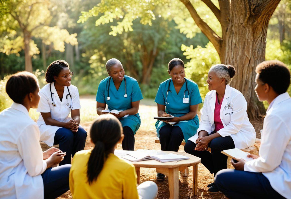 A heartwarming scene depicting a diverse group of patients and medical professionals engaging in a supportive discussion circle, surrounded by nature, symbolizing hope and community. Include elements like books and informational pamphlets scattered around, representing knowledge sharing. Capture emotions of empowerment and connection among individuals, with warm sunlight filtering through trees. vibrant colors. soft focus.